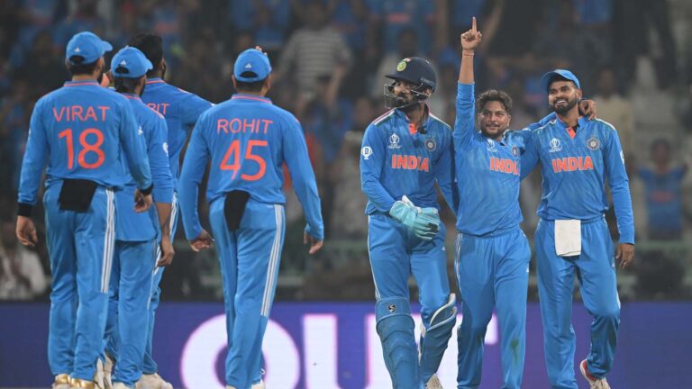 Image featuring Indian Cricket team shattering England's World Cup Journey in CWC 2023