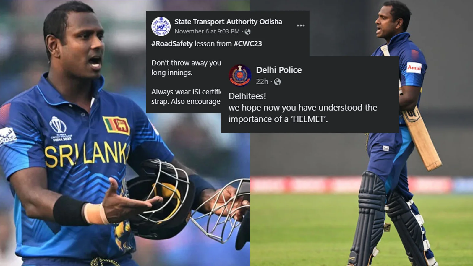 Image featuring Delhi Police & Odisha Authority mocked Angelo's Timed Out Dismissal